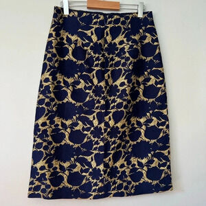 J. Crew Pencil Skirt Textured Navy & Gold Floral  Print | Women’s Size 0 NWT